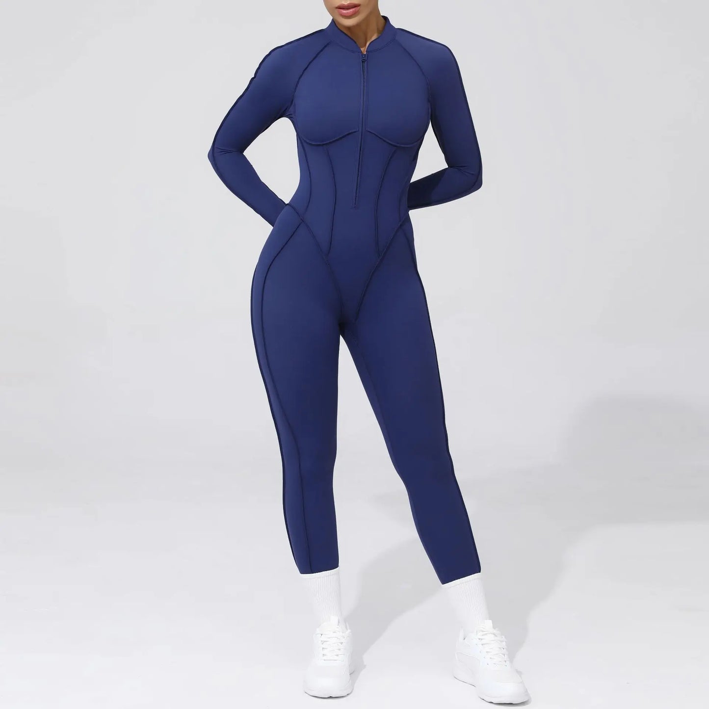 Women Bodysuit Fitness Jumpsuit Long Sleeve Yoga Clothing Sports Outfit Zipper Jogging Tights Gym Wear