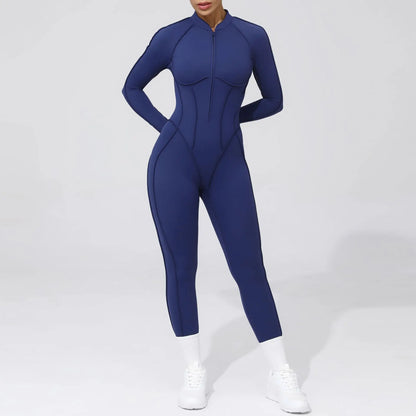 Women Bodysuit Fitness Jumpsuit Long Sleeve Yoga Clothing Sports Outfit Zipper Jogging Tights Gym Wear