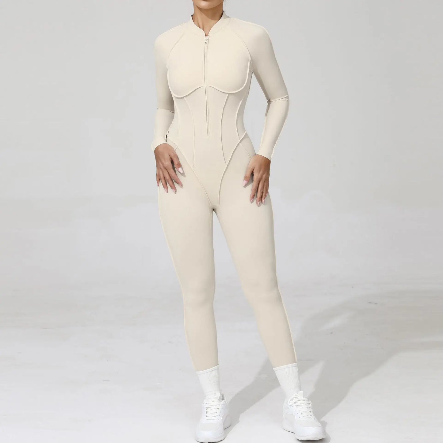 Women Bodysuit Fitness Jumpsuit Long Sleeve Yoga Clothing Sports Outfit Zipper Jogging Tights Gym Wear