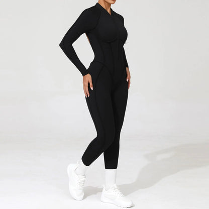 Women Bodysuit Fitness Jumpsuit Long Sleeve Yoga Clothing Sports Outfit Zipper Jogging Tights Gym Wear