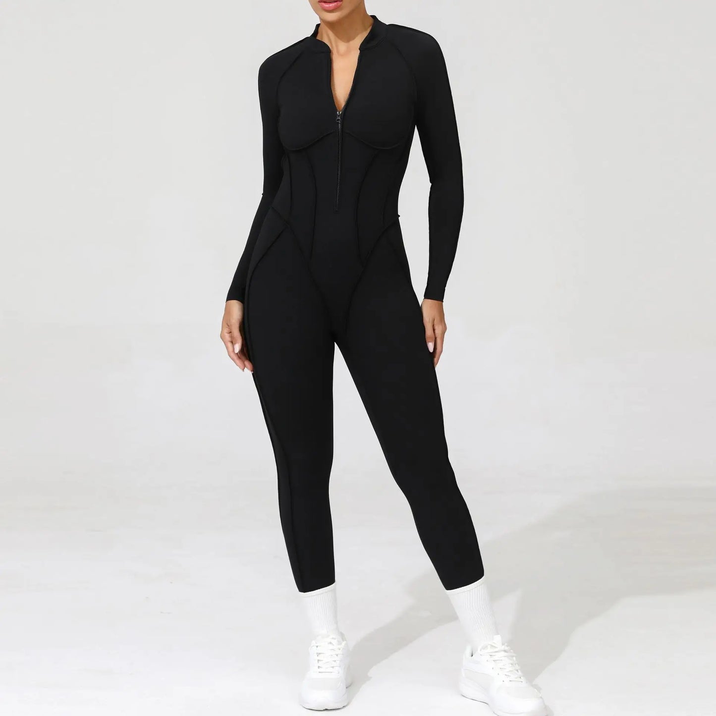 Women Bodysuit Fitness Jumpsuit Long Sleeve Yoga Clothing Sports Outfit Zipper Jogging Tights Gym Wear