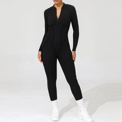 Women Bodysuit Fitness Jumpsuit Long Sleeve Yoga Clothing Sports Outfit Zipper Jogging Tights Gym Wear