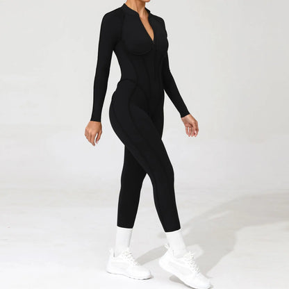 Women Bodysuit Fitness Jumpsuit Long Sleeve Yoga Clothing Sports Outfit Zipper Jogging Tights Gym Wear