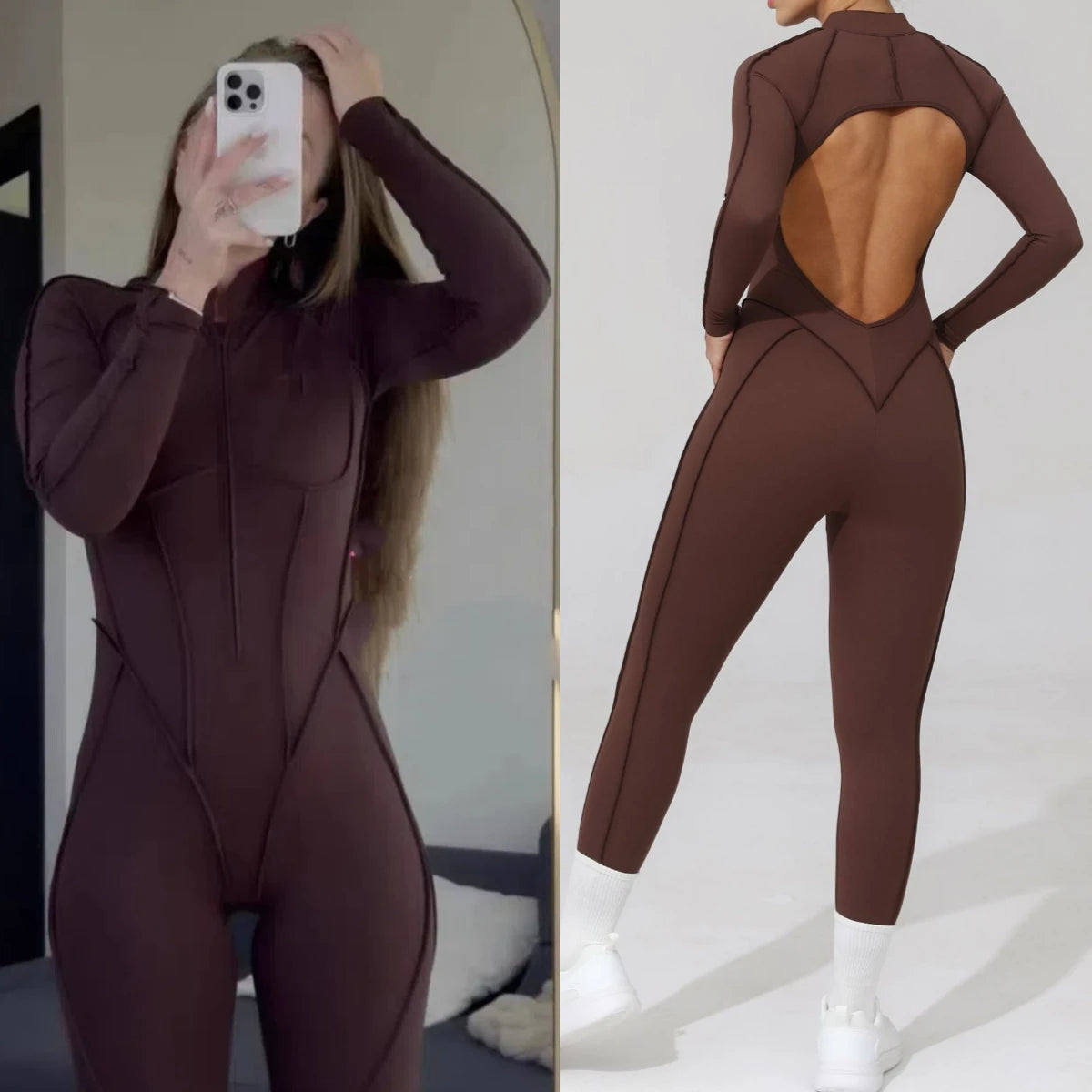 Women Bodysuit Fitness Jumpsuit Long Sleeve Yoga Clothing Sports Outfit Zipper Jogging Tights Gym Wear