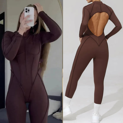 Women Bodysuit Fitness Jumpsuit Long Sleeve Yoga Clothing Sports Outfit Zipper Jogging Tights Gym Wear