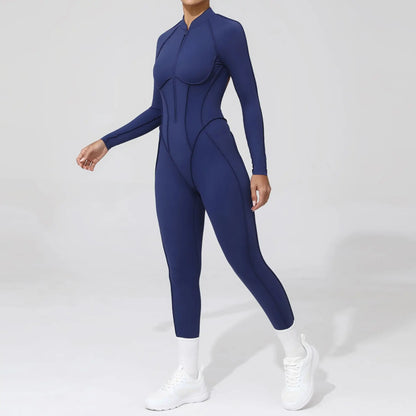 Women Bodysuit Fitness Jumpsuit Long Sleeve Yoga Clothing Sports Outfit Zipper Jogging Tights Gym Wear