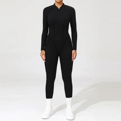 Women Bodysuit Fitness Jumpsuit Long Sleeve Yoga Clothing Sports Outfit Zipper Jogging Tights Gym Wear