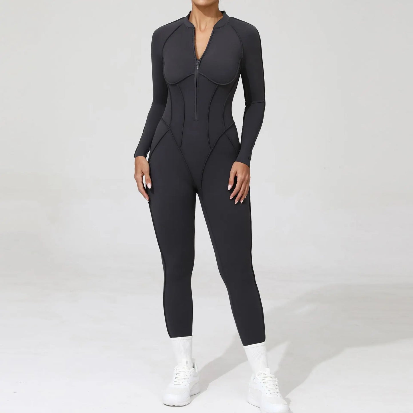 Women Bodysuit Fitness Jumpsuit Long Sleeve Yoga Clothing Sports Outfit Zipper Jogging Tights Gym Wear