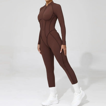 Women Bodysuit Fitness Jumpsuit Long Sleeve Yoga Clothing Sports Outfit Zipper Jogging Tights Gym Wear