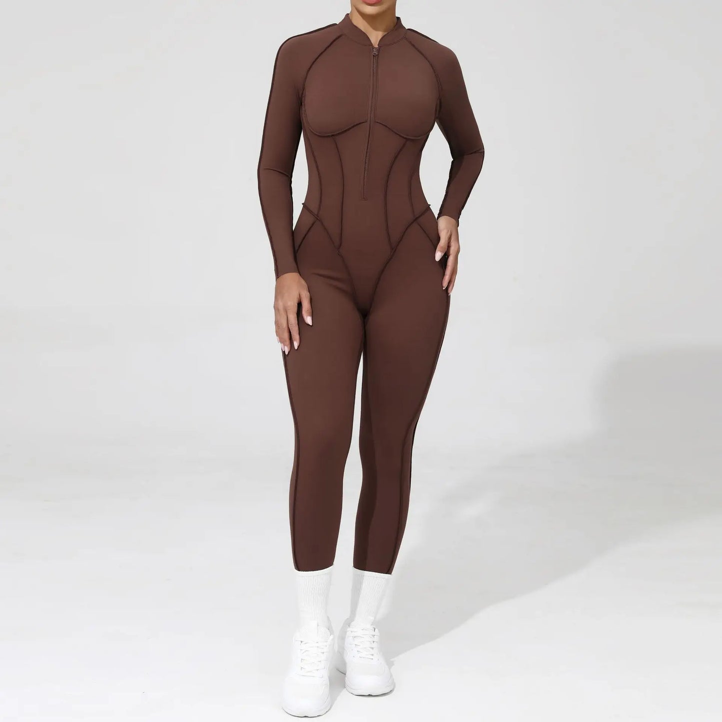 Women Bodysuit Fitness Jumpsuit Long Sleeve Yoga Clothing Sports Outfit Zipper Jogging Tights Gym Wear