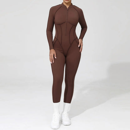 Women Bodysuit Fitness Jumpsuit Long Sleeve Yoga Clothing Sports Outfit Zipper Jogging Tights Gym Wear