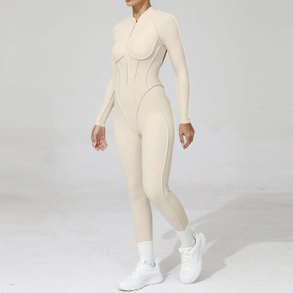 Women Bodysuit Fitness Jumpsuit Long Sleeve Yoga Clothing Sports Outfit Zipper Jogging Tights Gym Wear