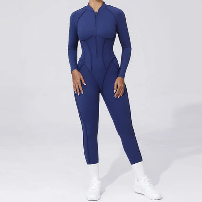 Women Bodysuit Fitness Jumpsuit Long Sleeve Yoga Clothing Sports Outfit Zipper Jogging Tights Gym Wear