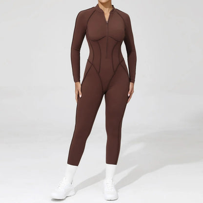 Women Bodysuit Fitness Jumpsuit Long Sleeve Yoga Clothing Sports Outfit Zipper Jogging Tights Gym Wear