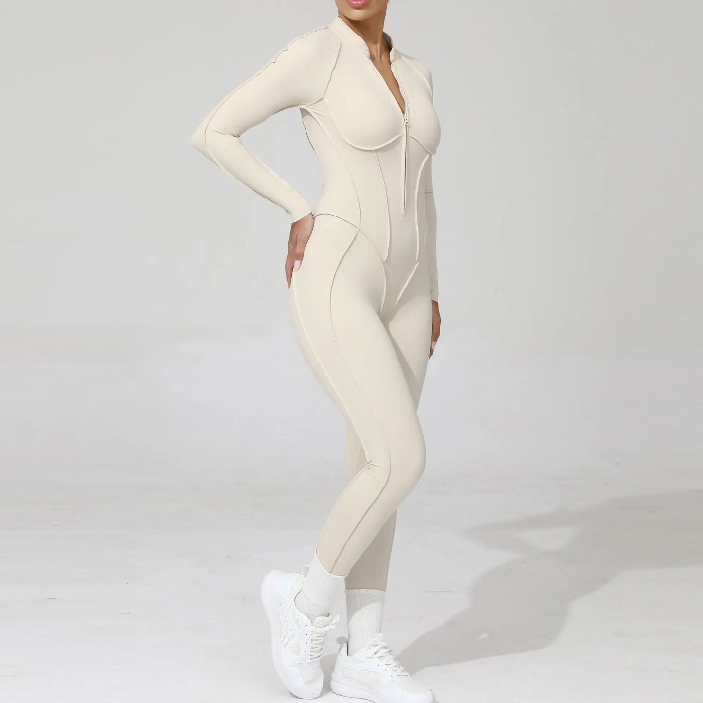 Women Bodysuit Fitness Jumpsuit Long Sleeve Yoga Clothing Sports Outfit Zipper Jogging Tights Gym Wear