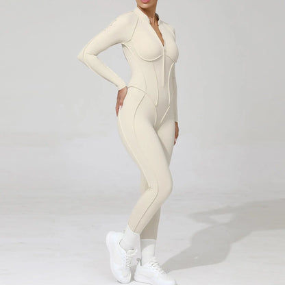 Women Bodysuit Fitness Jumpsuit Long Sleeve Yoga Clothing Sports Outfit Zipper Jogging Tights Gym Wear