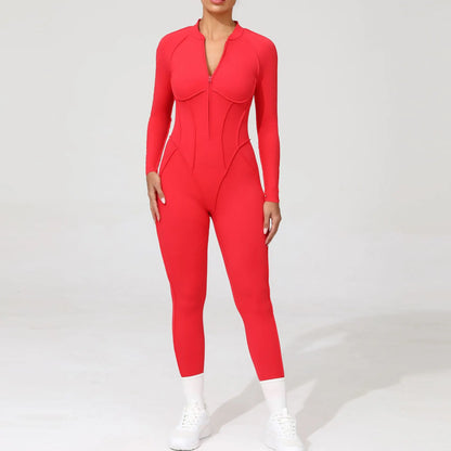 Women Bodysuit Fitness Jumpsuit Long Sleeve Yoga Clothing Sports Outfit Zipper Jogging Tights Gym Wear