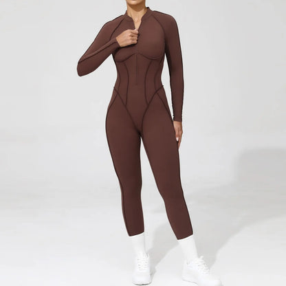 Women Bodysuit Fitness Jumpsuit Long Sleeve Yoga Clothing Sports Outfit Zipper Jogging Tights Gym Wear