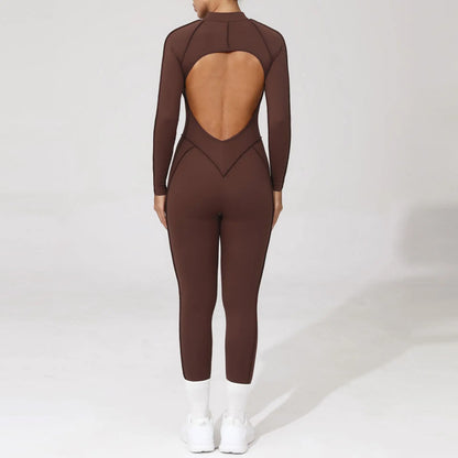Women Bodysuit Fitness Jumpsuit Long Sleeve Yoga Clothing Sports Outfit Zipper Jogging Tights Gym Wear