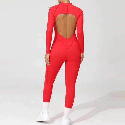 Women Bodysuit Fitness Jumpsuit Long Sleeve Yoga Clothing Sports Outfit Zipper Jogging Tights Gym Wear