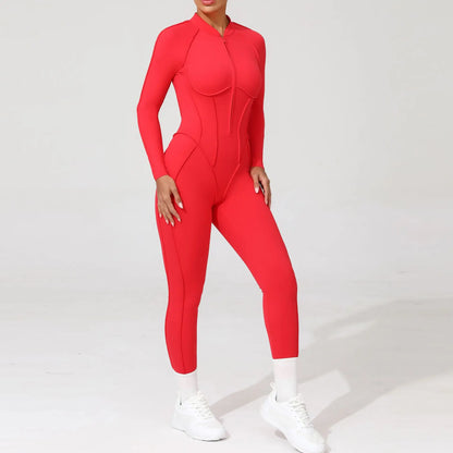 Women Bodysuit Fitness Jumpsuit Long Sleeve Yoga Clothing Sports Outfit Zipper Jogging Tights Gym Wear