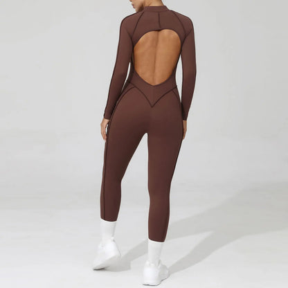 Women Bodysuit Fitness Jumpsuit Long Sleeve Yoga Clothing Sports Outfit Zipper Jogging Tights Gym Wear
