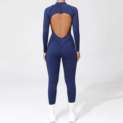 Women Bodysuit Fitness Jumpsuit Long Sleeve Yoga Clothing Sports Outfit Zipper Jogging Tights Gym Wear