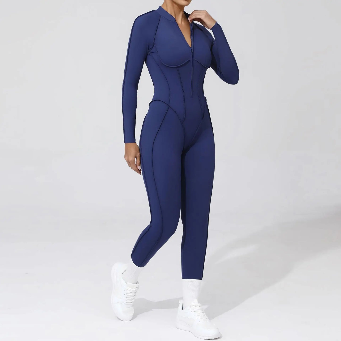 Women Bodysuit Fitness Jumpsuit Long Sleeve Yoga Clothing Sports Outfit Zipper Jogging Tights Gym Wear