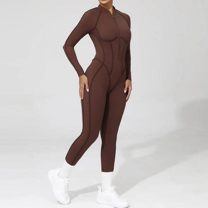 Women Bodysuit Fitness Jumpsuit Long Sleeve Yoga Clothing Sports Outfit Zipper Jogging Tights Gym Wear