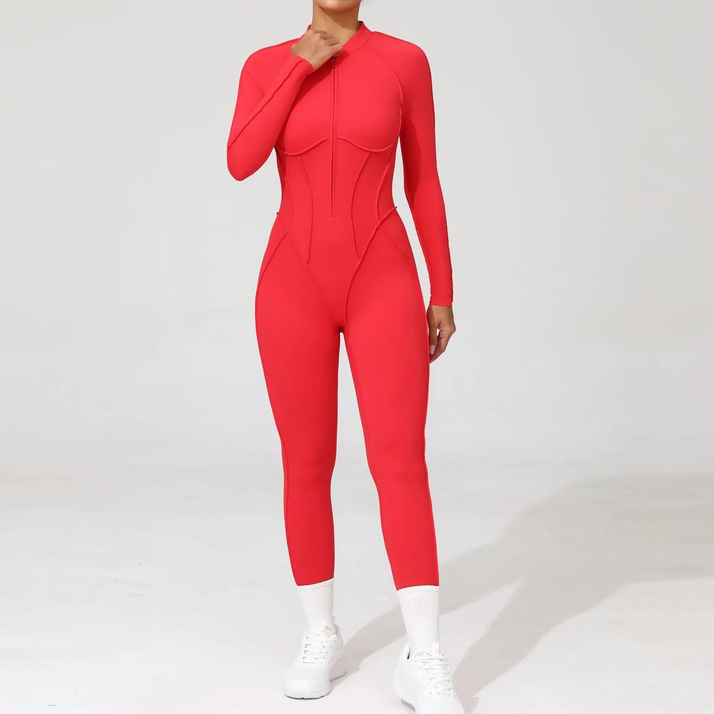 Women Bodysuit Fitness Jumpsuit Long Sleeve Yoga Clothing Sports Outfit Zipper Jogging Tights Gym Wear