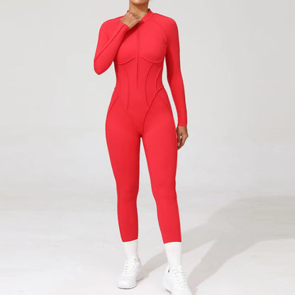 Women Bodysuit Fitness Jumpsuit Long Sleeve Yoga Clothing Sports Outfit Zipper Jogging Tights Gym Wear