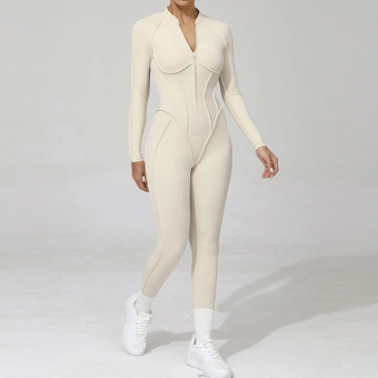 Women Bodysuit Fitness Jumpsuit Long Sleeve Yoga Clothing Sports Outfit Zipper Jogging Tights Gym Wear