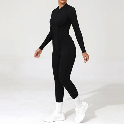 Women Bodysuit Fitness Jumpsuit Long Sleeve Yoga Clothing Sports Outfit Zipper Jogging Tights Gym Wear
