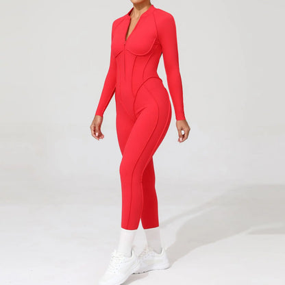 Women Bodysuit Fitness Jumpsuit Long Sleeve Yoga Clothing Sports Outfit Zipper Jogging Tights Gym Wear